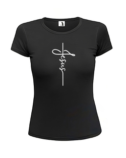Футболка с крестом Jesus женская приталенная черная с белым рисунком