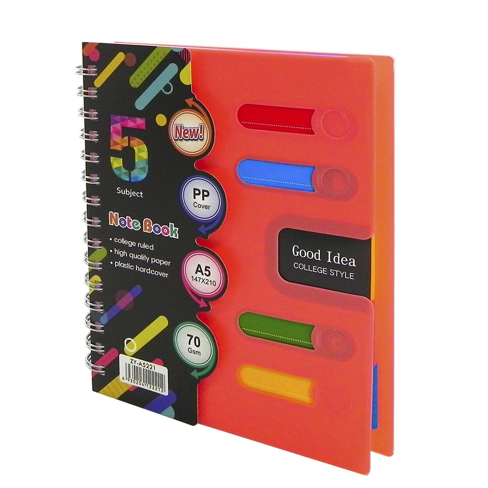 Тетрадь 120л., А5, клетка, Alingar "Good Idea", гребень, пластиковая обложка с информ окном, цветные пластиковые разделители, ассорти 4 цвета