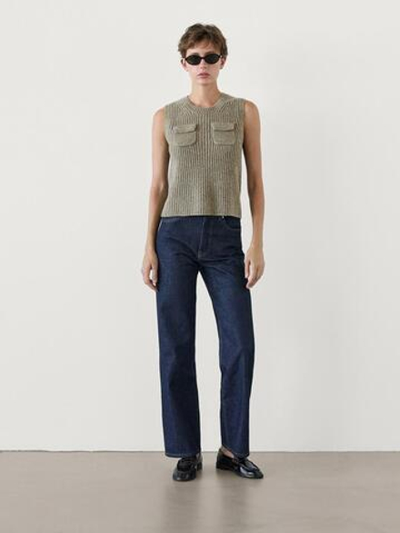 Massimo Dutti Трикотажный жилет в рубчик с карманами, зеленый
