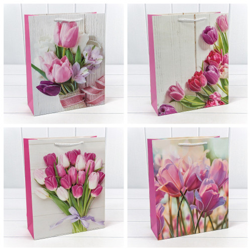 Пакет подарочный 26х32х10см Премиум "Тюльпаны" с блёстками (Микс)