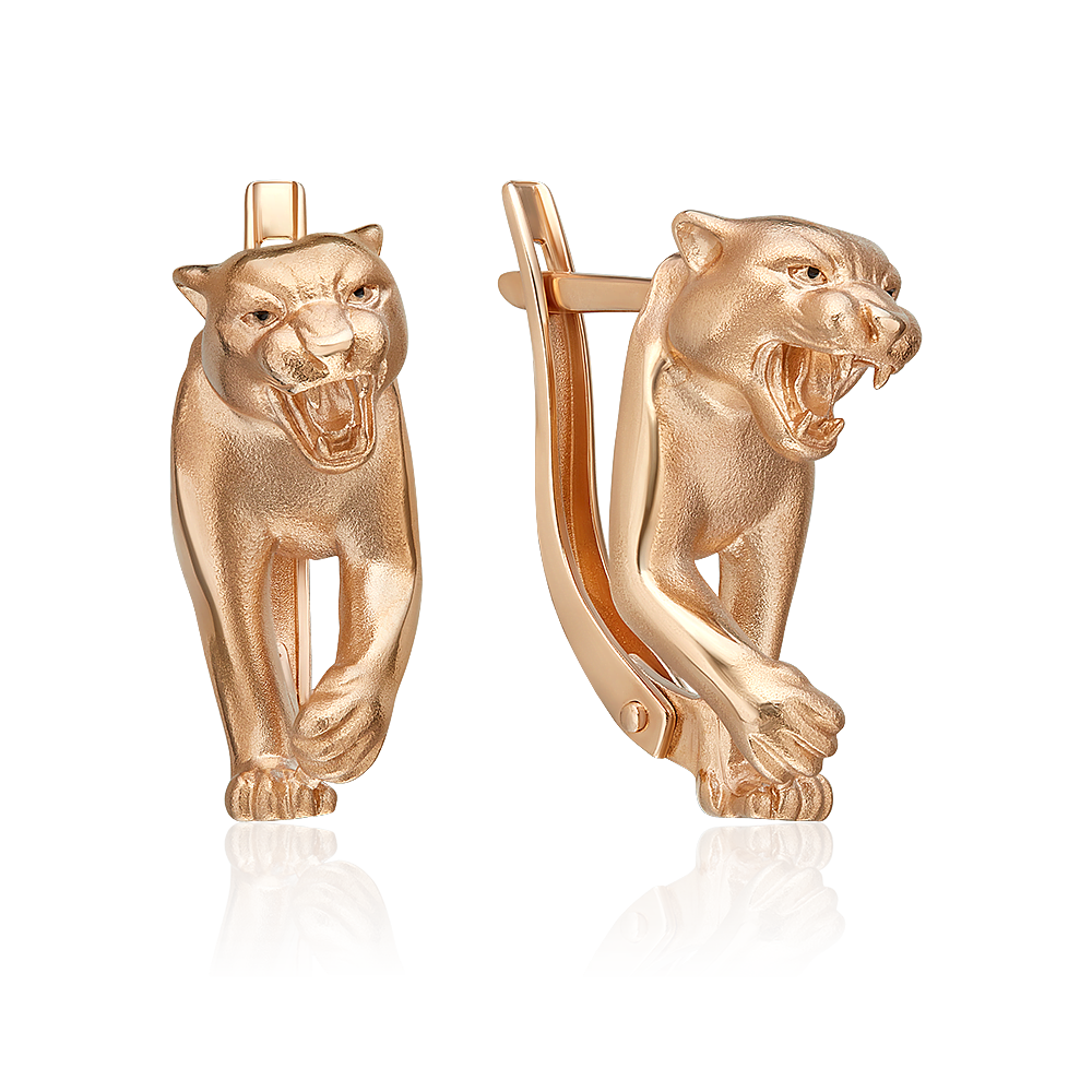Серьги «Пантеры» с английским замком из красного золота с эмалью