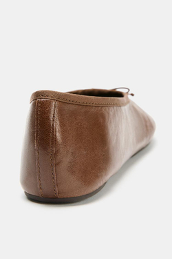 ZARA КОЖАНЫЕ БАЛЕТКИ С БАНТИКОМ, КОРИЧНЕВЫЙ