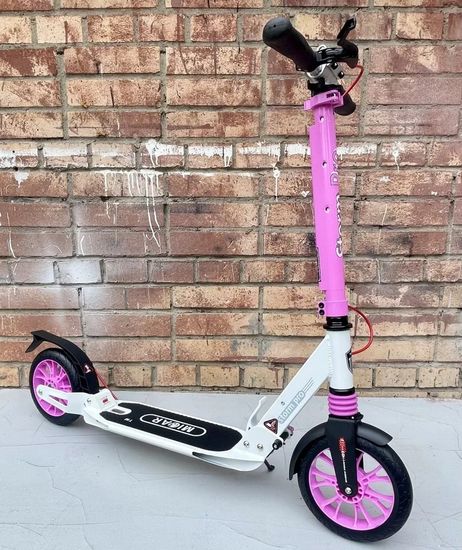 Складной двухколёсный самокат Micar Storm Pro 200 мм с двумя амортизаторами и ручным дисковым тормозом, бело-розовый