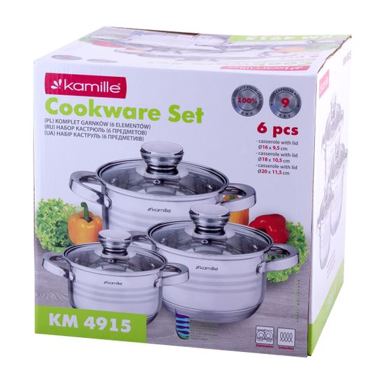 Набор кастрюль 6 предметов 1,5 л; 2 л; 3 л. Kamille KM 4915 из нержавеющей стали