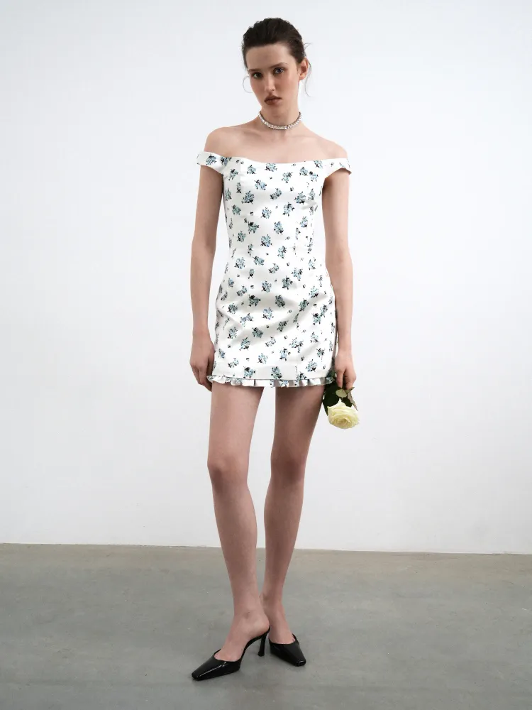 Клео мини (Cleo mini), платье мини из молочного атласа с цветочным принтом