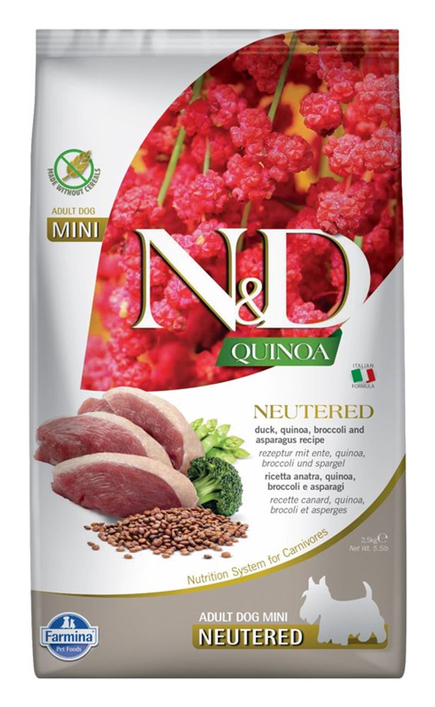 Сухой корм FARMINA N&amp;D Quinoa Adult Mini для взрослых стерилизованных собак мелких пород с уткой, киноа, брокколи и спаржей - 2,5 кг