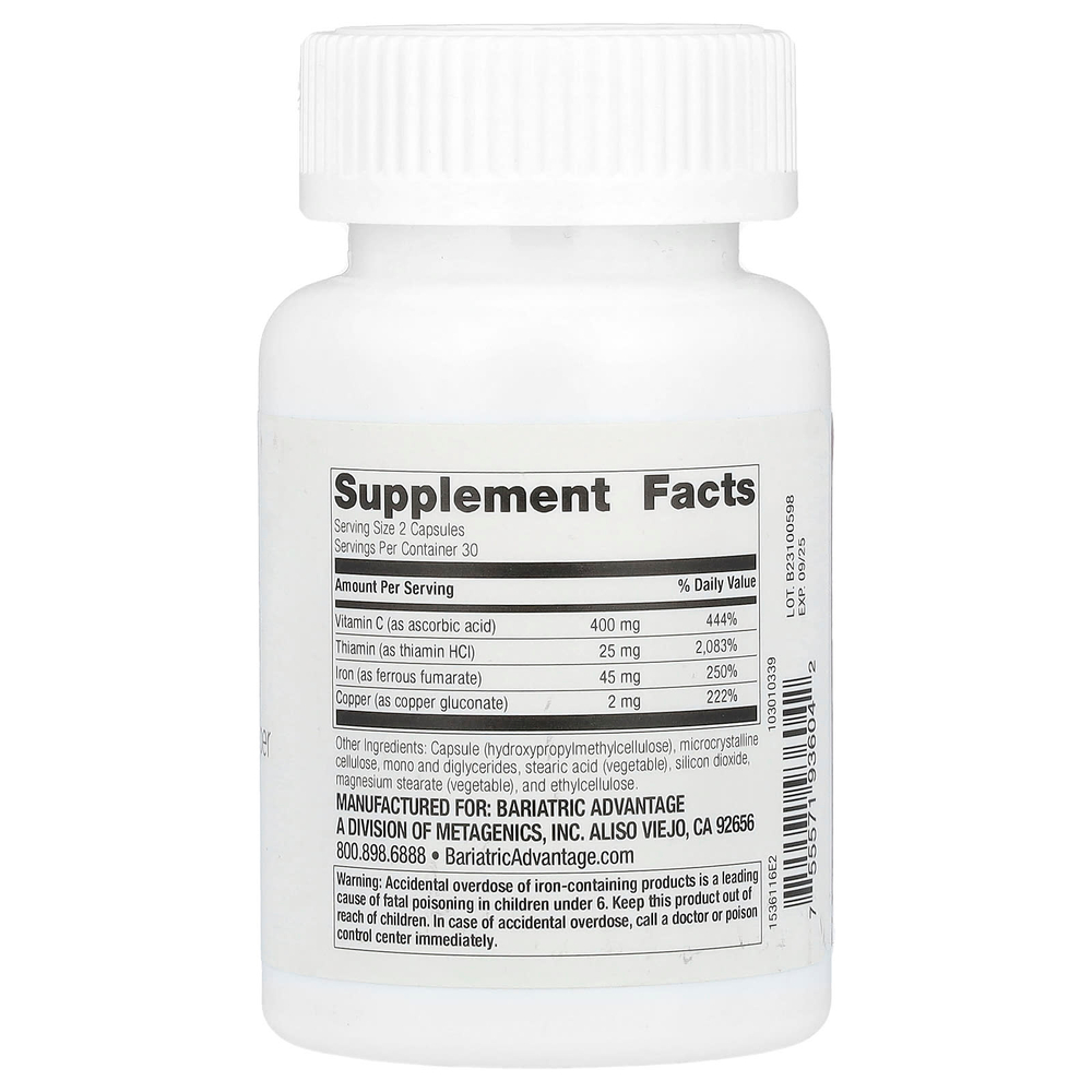 Bariatric Advantage, Железо с витамином C, тиамином и медью, 60 капсул