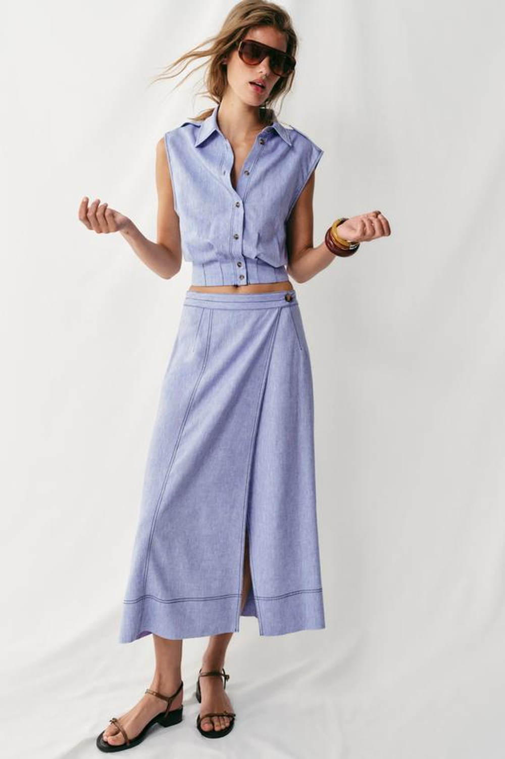 ZARA ТОП ИЗ СМЕСОВОГО ЛЬНА С КОНТРАСТНОЙ СТРОЧКОЙ, ГОЛУБОЙ