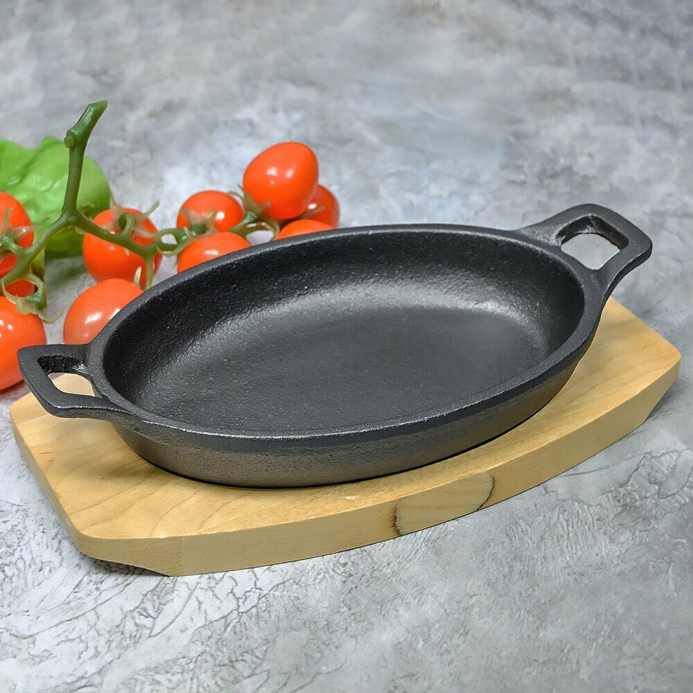 Сковорода 16см чугунная порционная, овальная с 2 ручками, на подставке, тм MY REAL IRON COOK