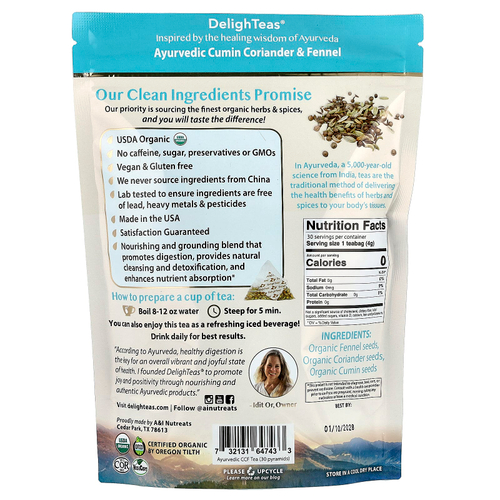 DelighTeas, Ayurvedic Cumin, Coriander & Fennel, травяной чай для выведения токсинов, без кофеина, 30 роскошных чайных пакетиков Pyramid, 120 г (4,2 унции)