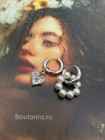 Серьги серебристые конго трансформеры с жемчугом и сердцем