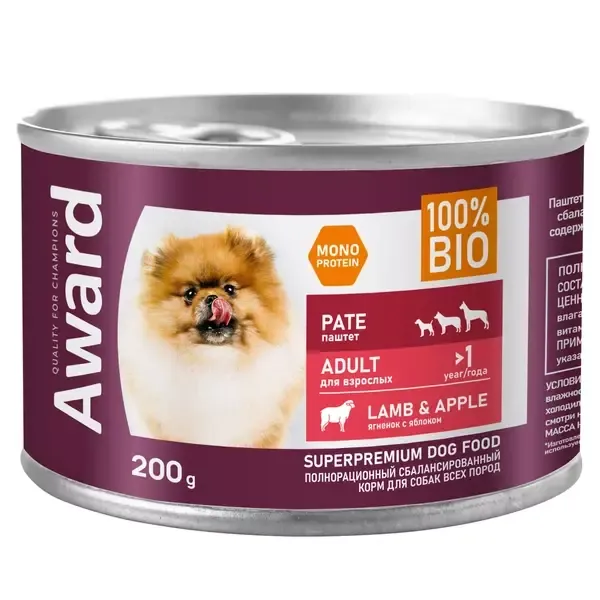 Консервы AWARD для взрослых собак, паштет из ягненка с яблоком