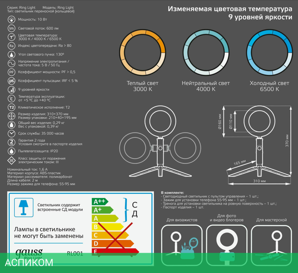 Кольцевая лампа Gauss Ring Light (RL001)