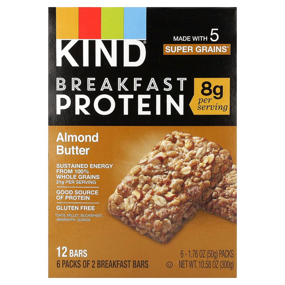 KIND Bars, протеиновые батончики для завтрака, миндальное масло, 6 пакетиков по 50 г (1,76 унции)