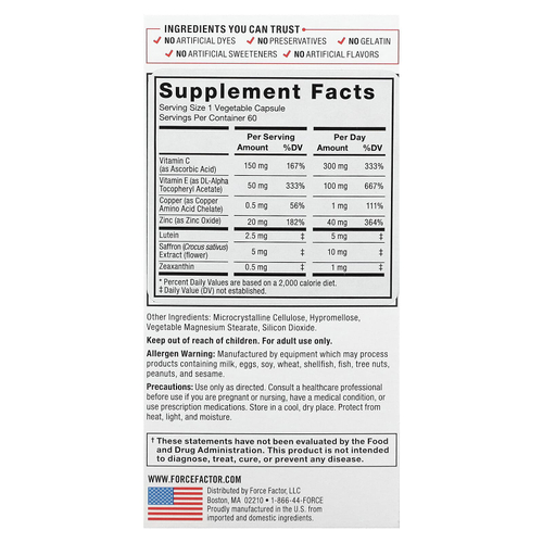 Force Factor, Комплексное средство для здоровья глаз, улучшенная формула с витаминами и минералами, 60 растительных капсул
