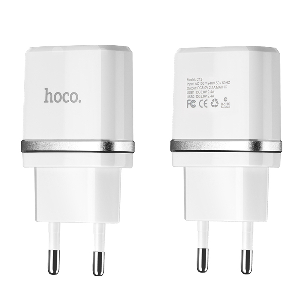 Адаптер питания Hoco C12 Smart dual USB charger Apple&amp;Android (2USB: 5V max 2.4A) Белый