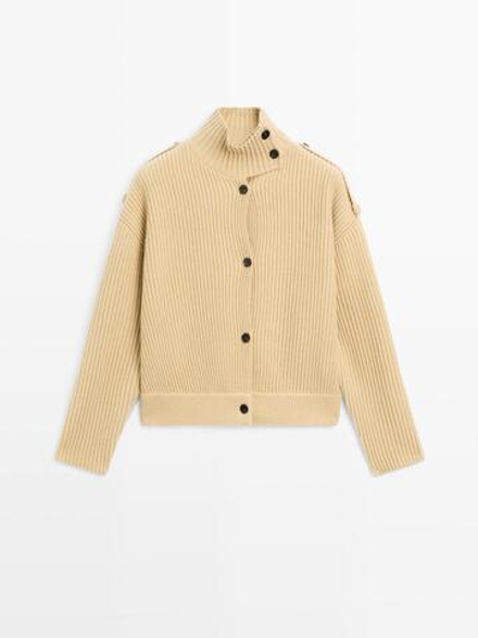Massimo Dutti Кардиган из 100% шерсти с высоким воротником, оливковый