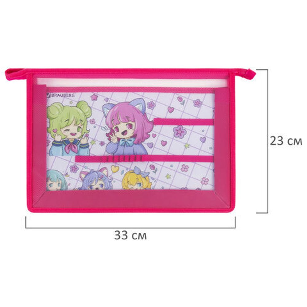 Папка для труда BRAUBERG А4, 2 отделения, пластик, молния сверху, органайзер, "Anime party", 272214