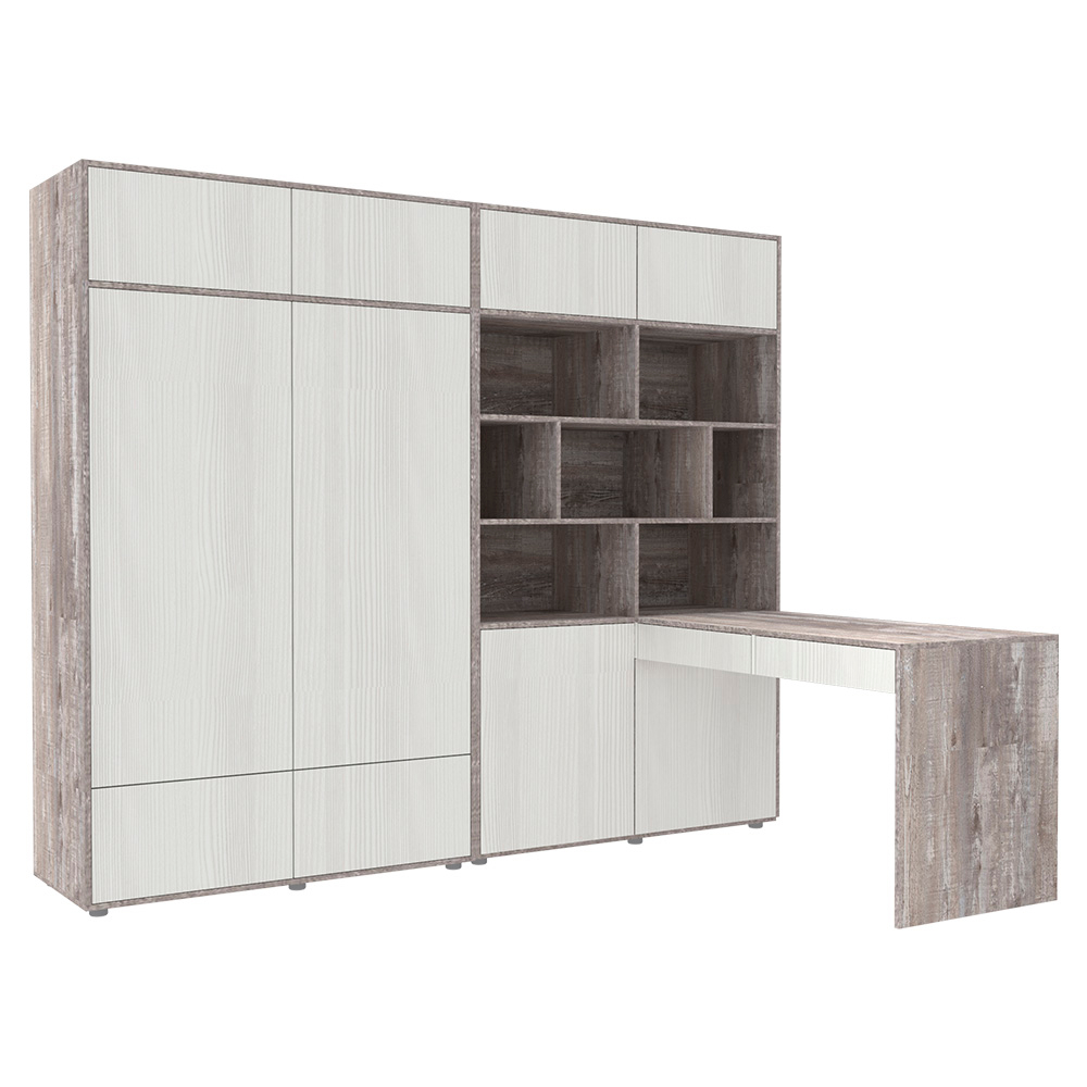 Стол письменный со стеллажом и шкафом КарИВи 2400 Бетон Белое Дерево