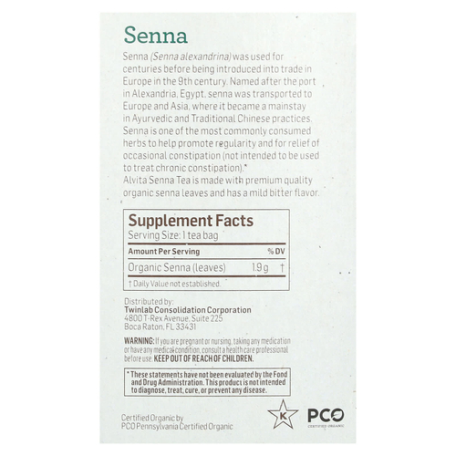 Alvita Teas, органический растительный чай из сенны, без кофеина, 16 индивидуально упакованных чайных пакетиков, 30,4 г (1,07 унции)