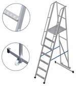 Лестница-платформа фиксированной высоты алюминиевая MEGAL ЛПФВА Н=1.2-8 пер. с трав. и шир. ступ.