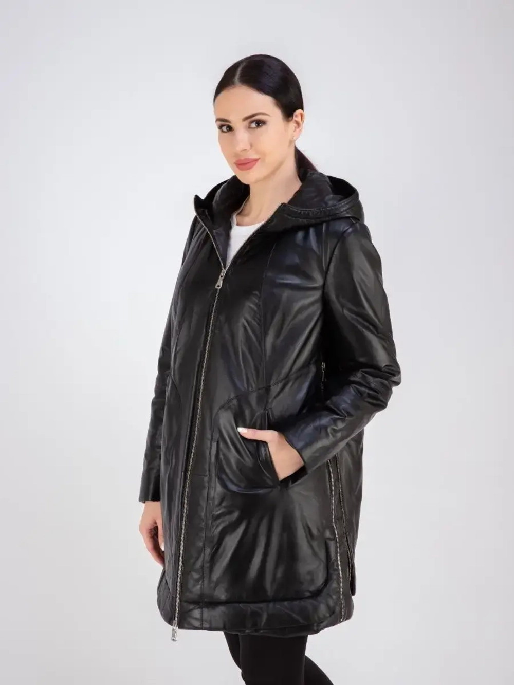 Куртка кожаная утепленная длинная с капюшоном Турция