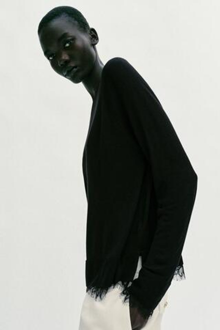 ZARA СВИТЕР С КРУЖЕВОМ, ЧЕРНЫЙ