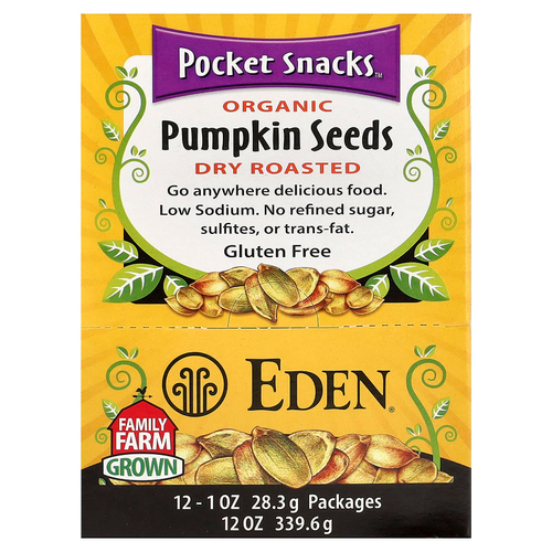 Eden Foods, Card Snacks™, органические семена тыквы, сухой обжарки, 12 пакетиков по 28,3 г (1 унция)