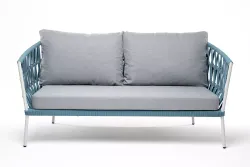 "Диего" диван 2-местный плетеный из роупа, каркас алюминий светло-серый (RAL7035) муар, роуп бирюзовый круглый, ткань светло-серая
