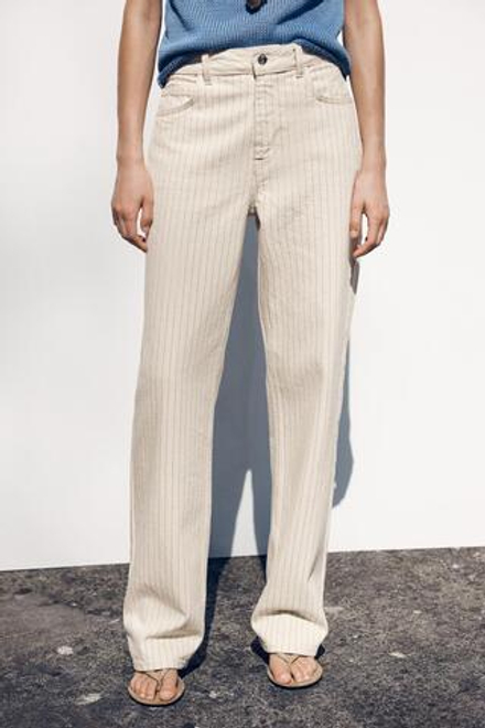 ZARA ДЖИНСЫ Z1975 STRAIGHT-LEG FULL LENGTH В ПОЛОСКУ С ВЫСОКОЙ ПОСАДКОЙ, ЭКРЮ