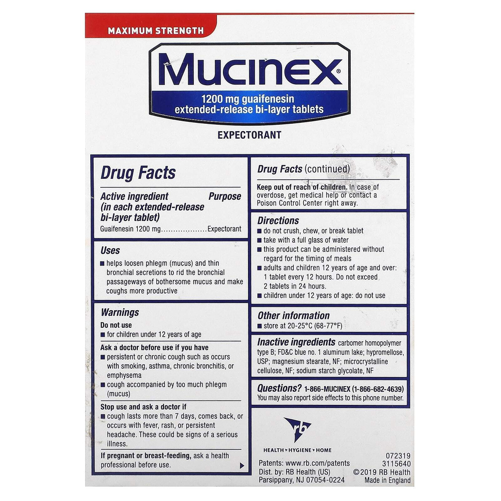 Mucinex, 12 часов от заложенности груди, максимальная эффективность, 1200 мг, 14 двухслойных таблеток с пролонгированным высвобождением
