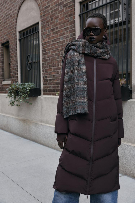 ZARA ДЛИННЫЙ ПУХОВИК С КАПЮШОНОМ WATER REPELLENT WINDPROOF, БУРГУНДИ