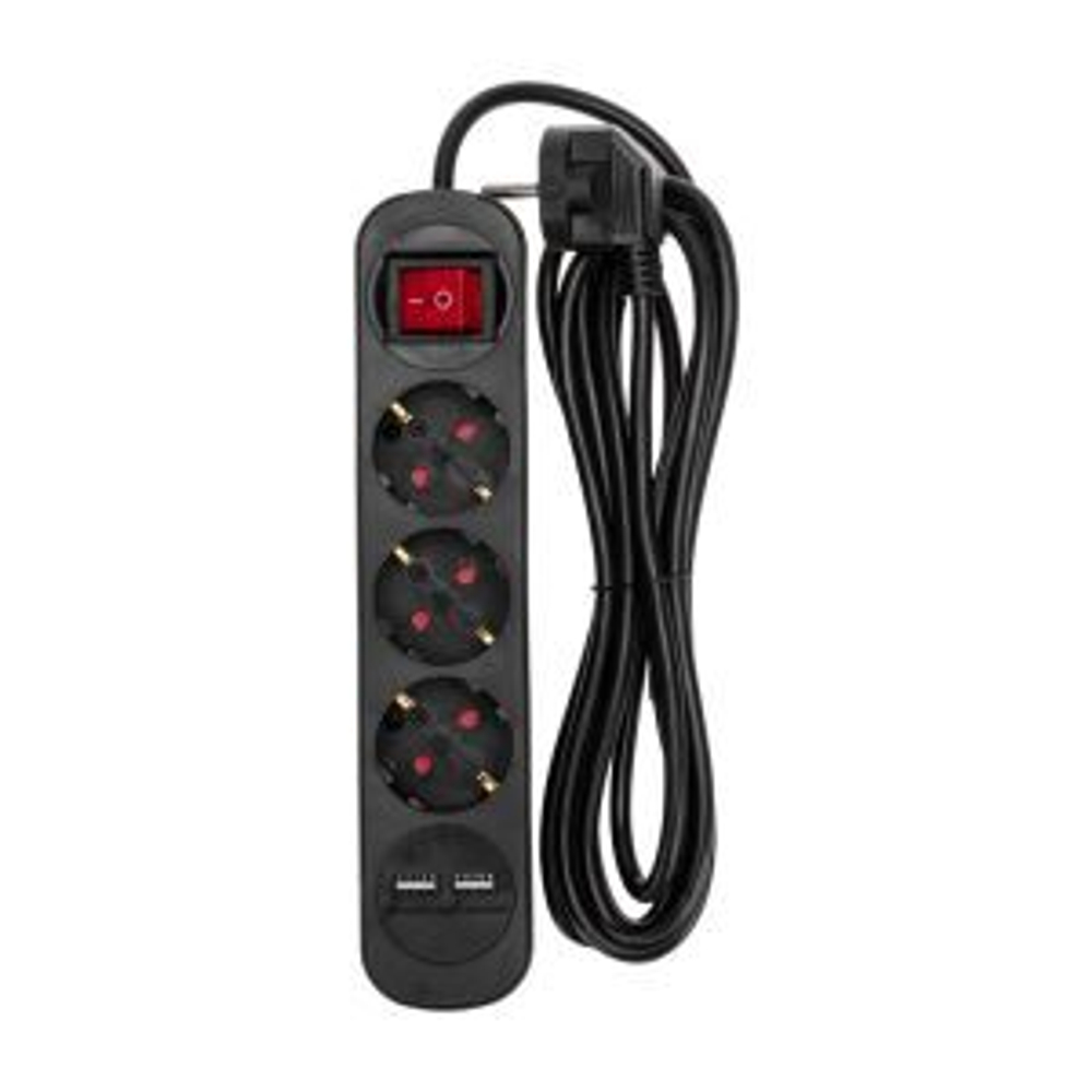 Удлинитель STANDARD 3 гнезда, 3м, 3х1,0мм?, с/з, с выключателем, 2 USB, черный REXANT