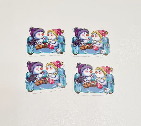 Новогодние малышки-открытки, Снеговики на диване, блестки (4 шт.)