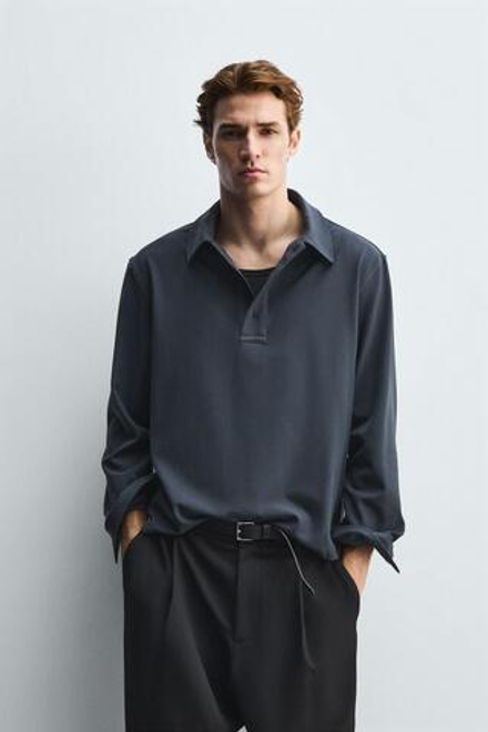 ZARA РУБАШКА-ПОЛО ИЗ СТРУЯЩЕЙСЯ ТКАНИ, СВИНЦОВЫЙ