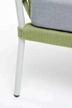 "Диего" кресло плетеное из роупа, каркас алюминий светло-серый (RAL7035) муар, роуп салатовый меланж круглый, ткань светло-серая