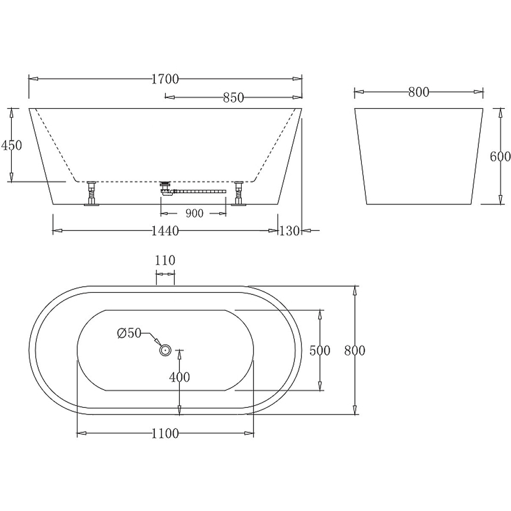 Акриловая ванна BelBagno 170x80 BB71-1700-W0 без гидромассажа