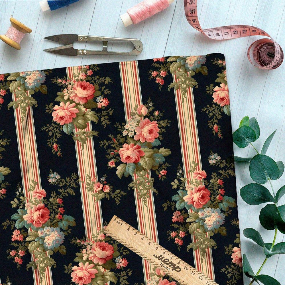 Ткань премиум интерлок букеты на полосках