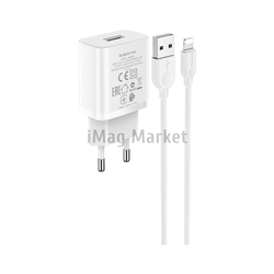 Сетевое зарядное устройство Borofone BA52A, 1 USB-A, 10.5W, 2.1A + кабель Lightning, 1 м, белый