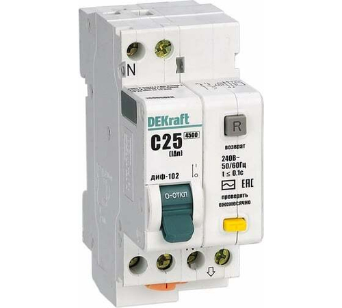 DEKraft дифф Автомат.выключатель АВДТ ДИФ-102 1P+N C25 30мА тип AC 4,5кА электрон. 16005DEK
