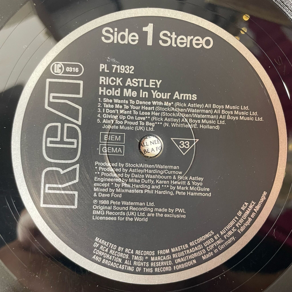 Винтажная виниловая пластинка LP Rick Astley Hold Me In Your Arms (Germany 1988)