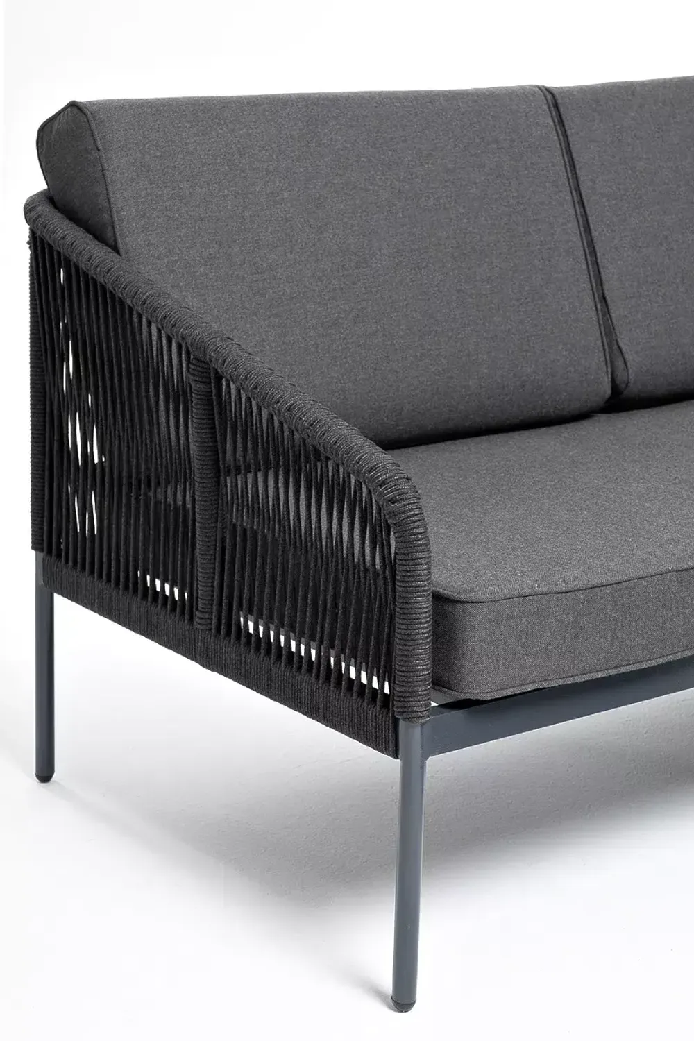 "Канны" правый модуль плетеный из роупа, каркас алюминий темно-серый (RAL7024) муар, роуп темно-серый круглый, ткань темно-серая 027