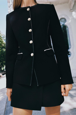 ZARA БЛЕЙЗЕР С ОТДЕЛКОЙ КАНТОМ И ДЕКОРАТИВНОЙ СТРОЧКОЙ, ЧЕРНЫЙ