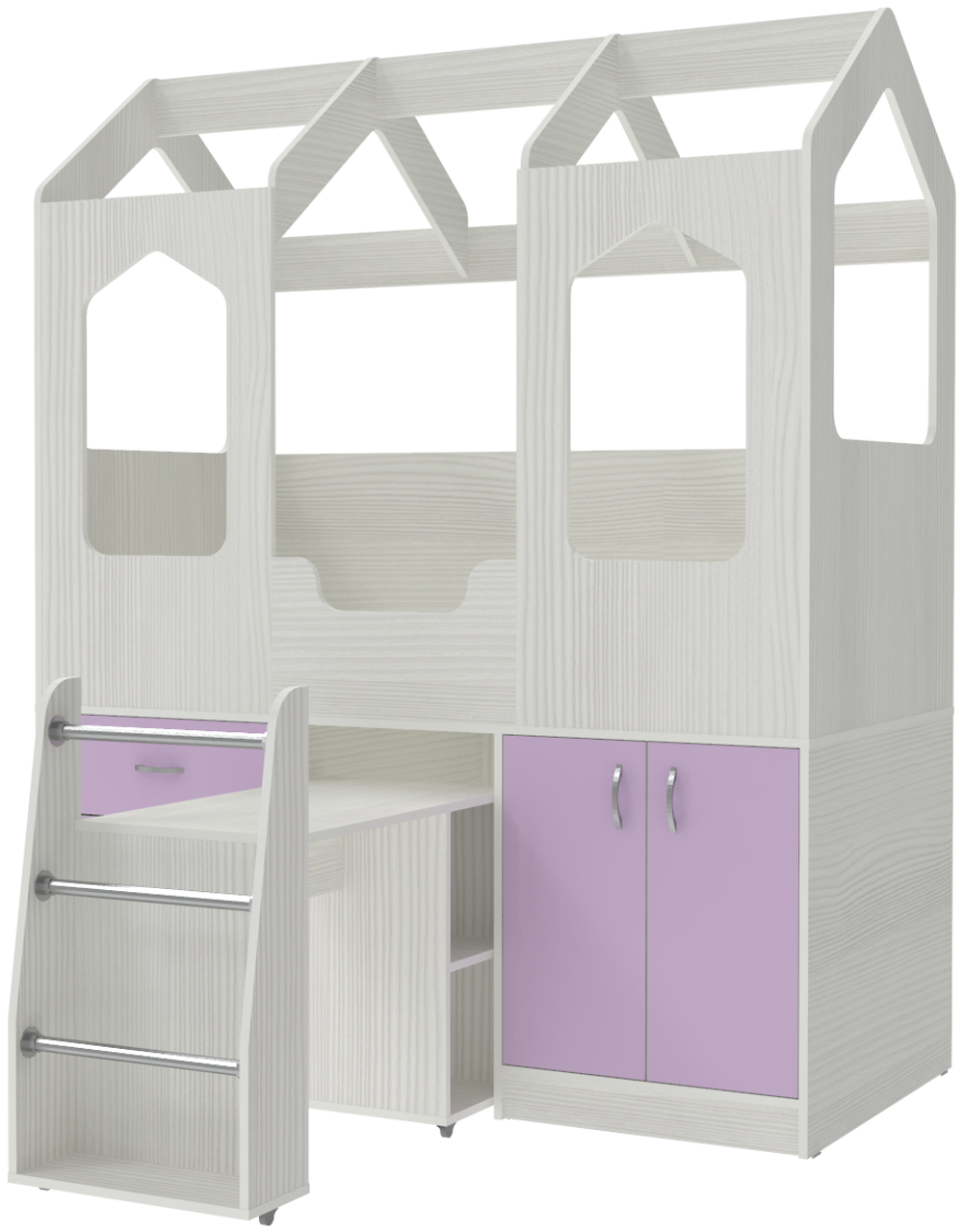 Кровать-чердак КарИВи Домик Сказка с выдвижным столом ДС-14 Белое Дерево Ирис