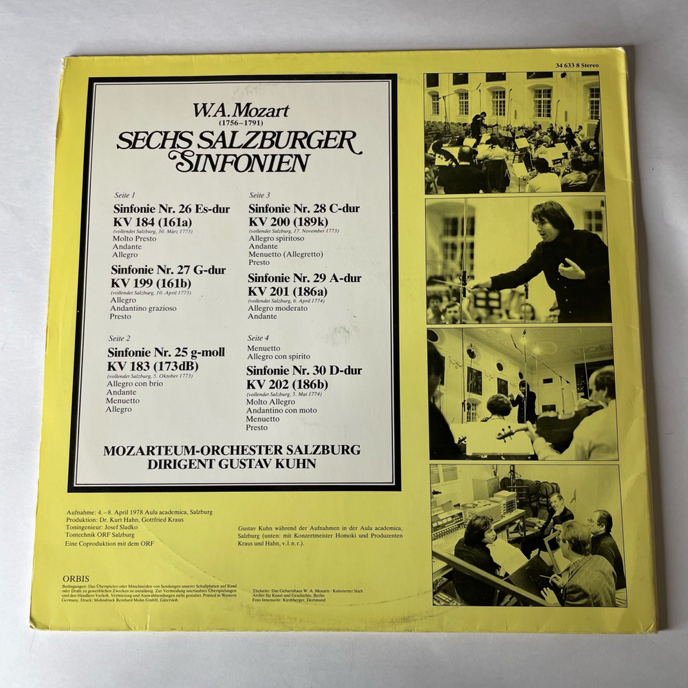 Винтажная виниловая пластинка LP W.A. Mozart В. А. Моцарт, Gustav Kuhn Sechs Salzburger Sinfonien KV 183, 184, 199, 200, 201, 202 (Германия 1979)