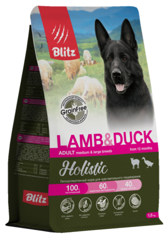 Сухой корм для собак Blitz Holistic Lamb & Duck Adult Dog Medium & Large breeds беззерновой с ягненком и уткой для средних и крупных пород гипоаллергенный для чувствительного пищеварения, 12кг