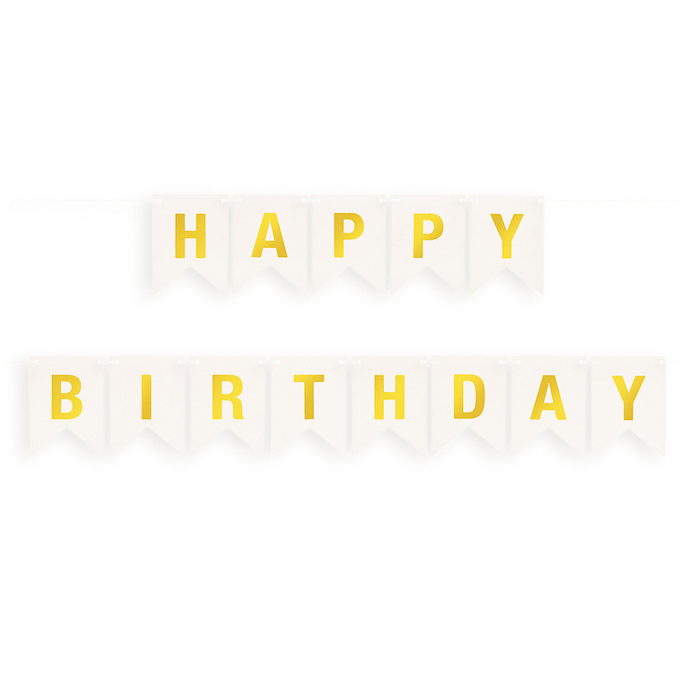 Гирлянда Флажки, Happy Birthday, Белый/Золото, Металлик, 500 см, 16*12 см
