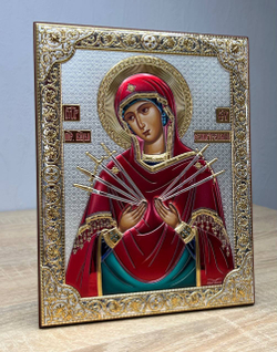 Семистрельная БМ, икона прямоугольная без рамки, красное дерево, эмаль 150х200