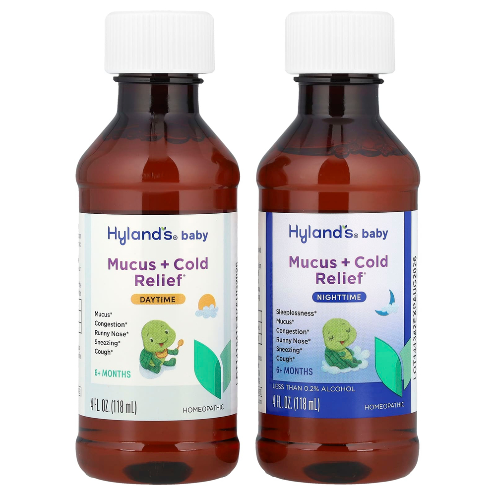 Hyland's Naturals, средство от слизи и простуды для детей, набор для приема в дневное/ночное время, от 6 месяцев, 2 флакона по 118 мл (4 жидк. унции)