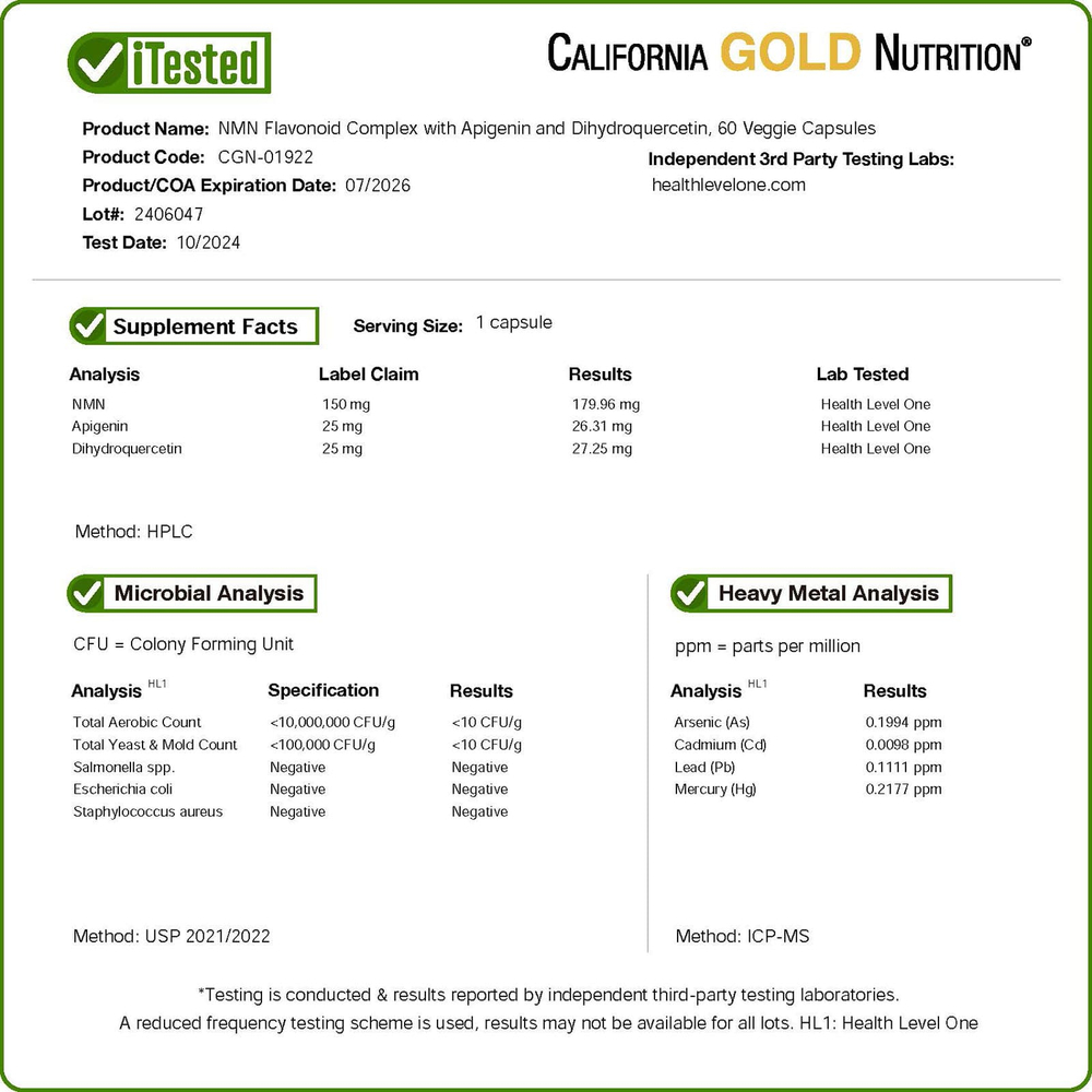 California Gold Nutrition, комплекс флавоноидов с NMN, апигенином и дигидрокверцетином, 60 растительных капсул